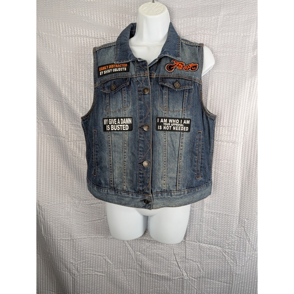 Canyon River Blues Biker Patch Denim Vest Womens Blue Sleeveless Jean Jacket XL‎
